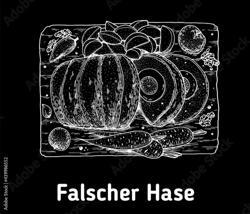German meat loaf hand drawn vector illustration. Falscher hase top view. Vintage design element. Sketch illustration.