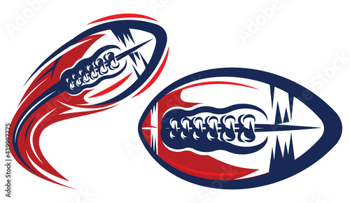 Set of two color templates for American football with flying balls. Elements for branding sports team, printing on sports uniforms