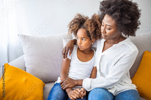Loving worried mom psychologist consoling counseling talking to upset little child girl showing care give love support, single parent mother comforting sad small sullen kid daughter feeling offended