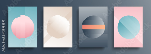 Set of graphic cover templates with round spheres. Futuristic abstract backgrounds with soft color gradient geometric split shapes. Vector illustration. © DmVector