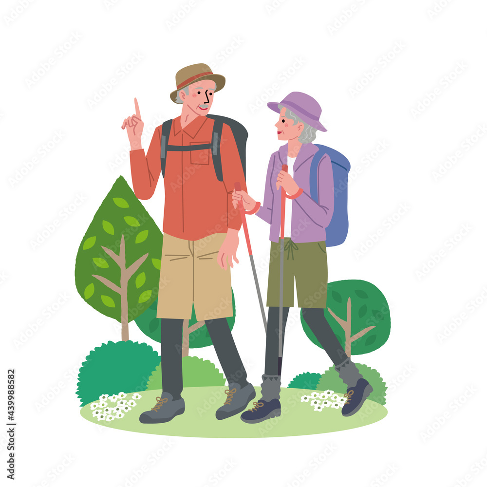 ハイキングをする高齢者の男女 イラスト Stock Vector Adobe Stock