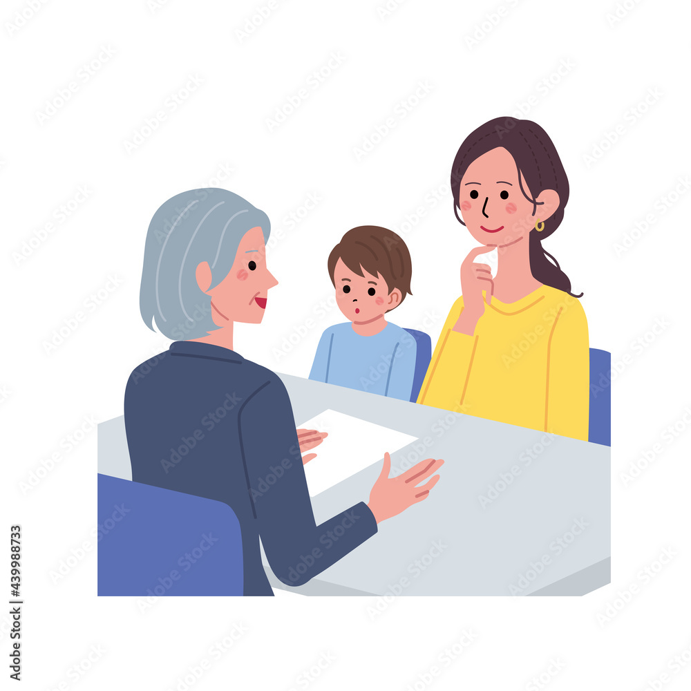 受付業務をするシニア女性と親子のイラスト