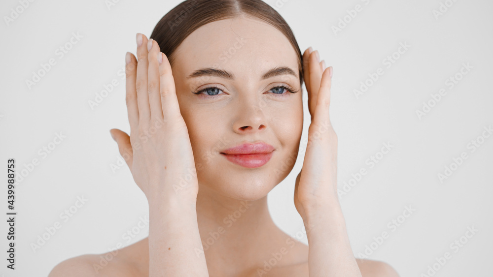 Beautiful woman close up healthy skin face happy smile natural clean fresh make up female cosmetic concept portrait