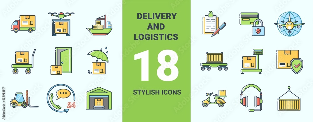 Color icons collection of logistic and delivery service. Vector stylish flat illustrations on light blue background. Color icons collection of logistic and delivery service. Vector stylish flat illustrations on light blue background.
