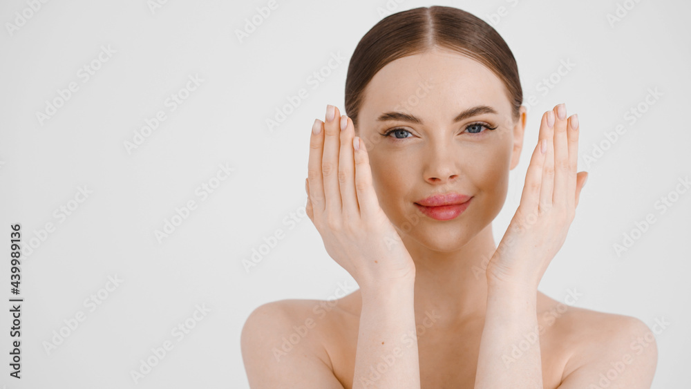 Beautiful woman close up healthy skin face happy smile natural clean fresh make up female cosmetic concept portrait Beautiful woman close up healthy skin face happy smile natural clean fresh make up female cosmetic concept portrait