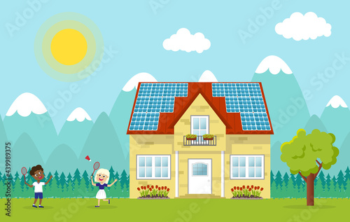 Mountain landscape with countryside house with solar panels on the roof and playing children. Banner with a house with photovoltaic panels on its roof. Solar power concept. Flat vector illustration.
