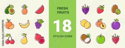 Set of fresh berries and tropical fruits color icons. Healthy diet food concept. Vector stylish flat illustrations on yellow background.