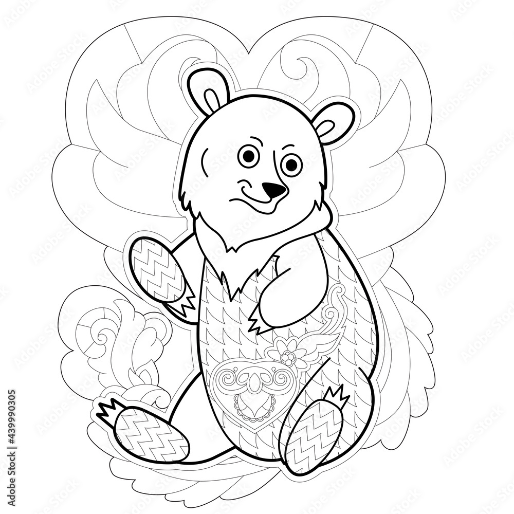 Obraz premium Contour linear illustration with animal for coloring book. Cute bear, anti stress picture. Line art design for adult or kids in zentangle style and coloring page.
