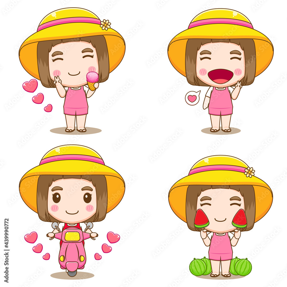 Set collection of cute girl doing summer activities. Cartoon design illustration with isolated white background. Set collection of cute girl doing summer activities. Cartoon design illustration with isolated white background.