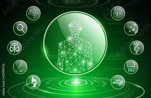 abstract background technology concept in green light,human body heal,technology modern medical science in future and global international medical with tests analysis clone DNA human