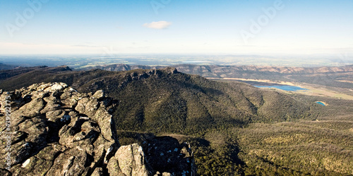 Panoramic view over mountain range and lake photo