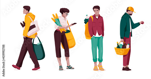 Shopping - flat design style set of isolated characters on white background. Cartoon women and men standing and walking with their packages, baskets and bags full of products