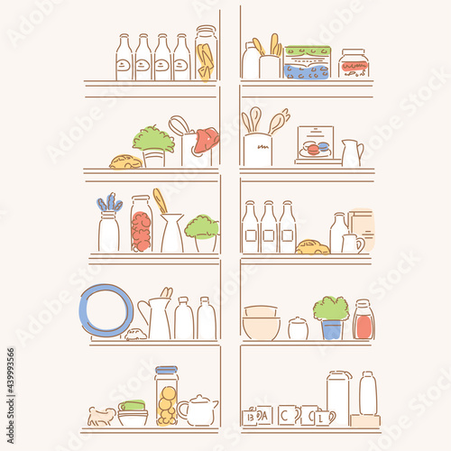 Food ingredients on the kitchen shelves. hand drawn style vector design illustrations. 