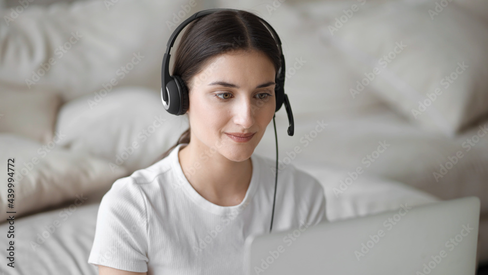 Woman web consultation customer support online microphone home freelance work Woman web consultation customer support online microphone home freelance work