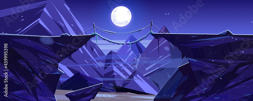 Suspended mountain bridge above night cliff, rock peaks and full moon scenery landscape. Beautiful nature view, rope bridgework connect steep rocky edges under moonlight, Cartoon vector illustration