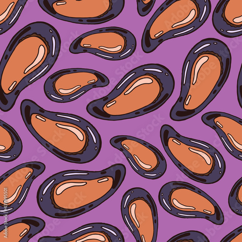 Seamless background with a pattern of hand drawn fresh open shell of mussel with meat