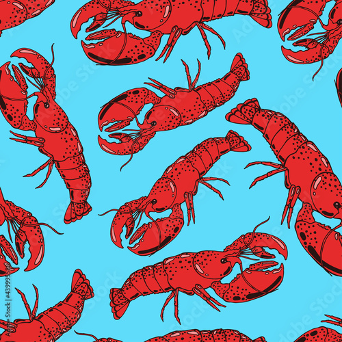 Fototapet Seamless background with a pattern of hand drawn red cooked boiled lobster in a