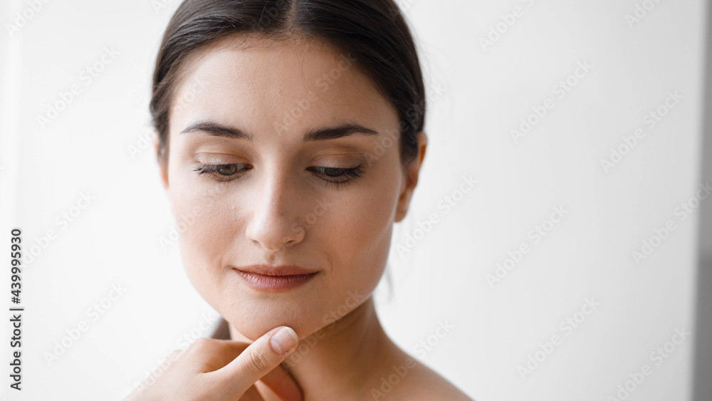 Beautiful woman face
close up
brunette
natural make up happy smile natural beauty over white Beautiful woman face
close up
brunette
natural make up happy smile natural beauty over white