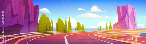 Car overpass road on sea shore with mountains and green trees. Vector cartoon landscape of ocean shore, rocks and highway bridge with metal crash barrier. Summer seascape with road on coast