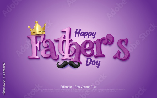 Happy Fathers Day Typography With Realistic cgold rown With mustache on purple background