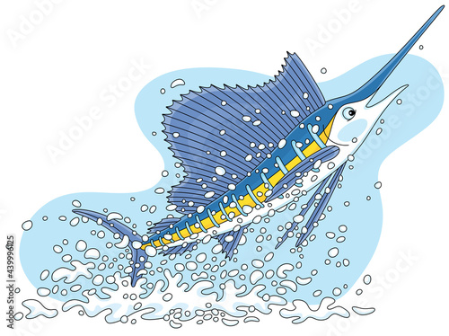 Large marine swordfish in splashes, jumping out of water in a tropical sea, vector cartoon illustration isolated on a white background