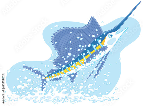 Large marine swordfish in splashes, jumping out of water in a tropical sea, vector cartoon illustration isolated on a white background