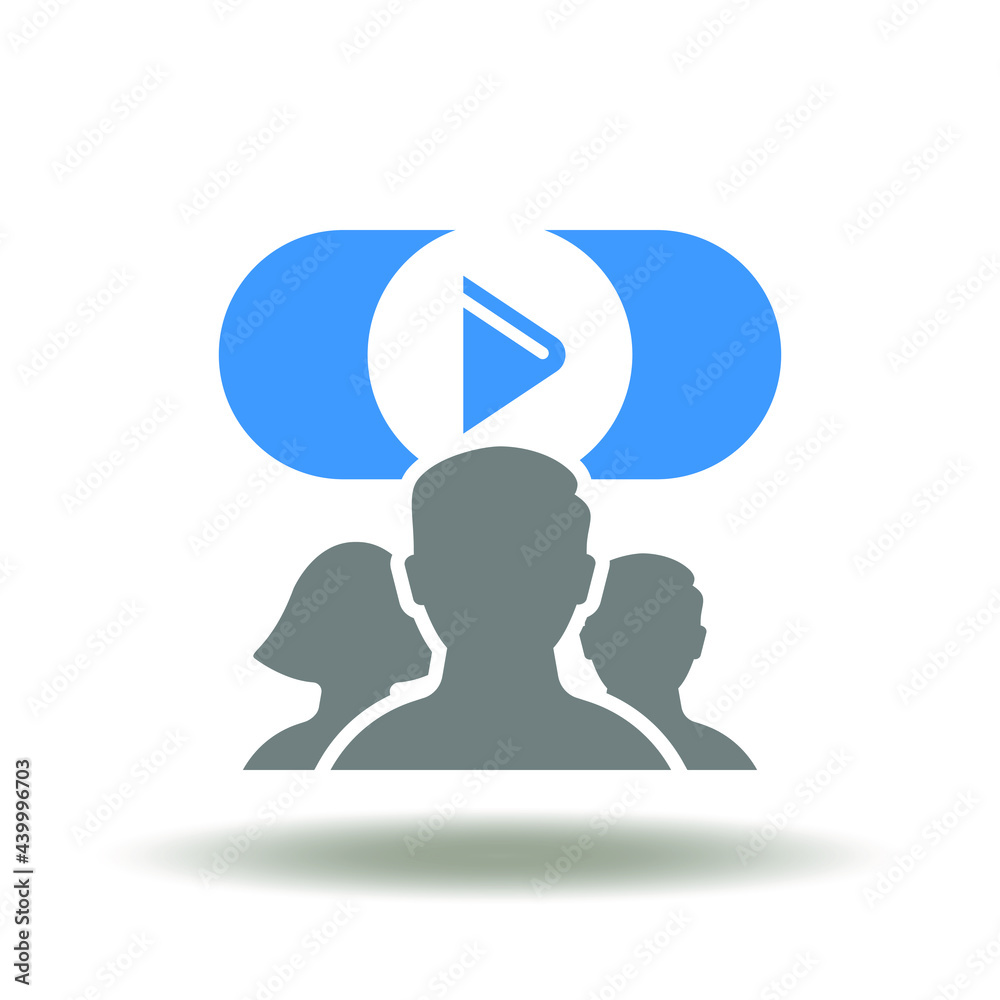 People group with play button vector illustration. Live webinar icon. Online video streaming symbol. Cinema, movie house logo. People group with play button vector illustration. Live webinar icon. Online video streaming symbol. Cinema, movie house logo.