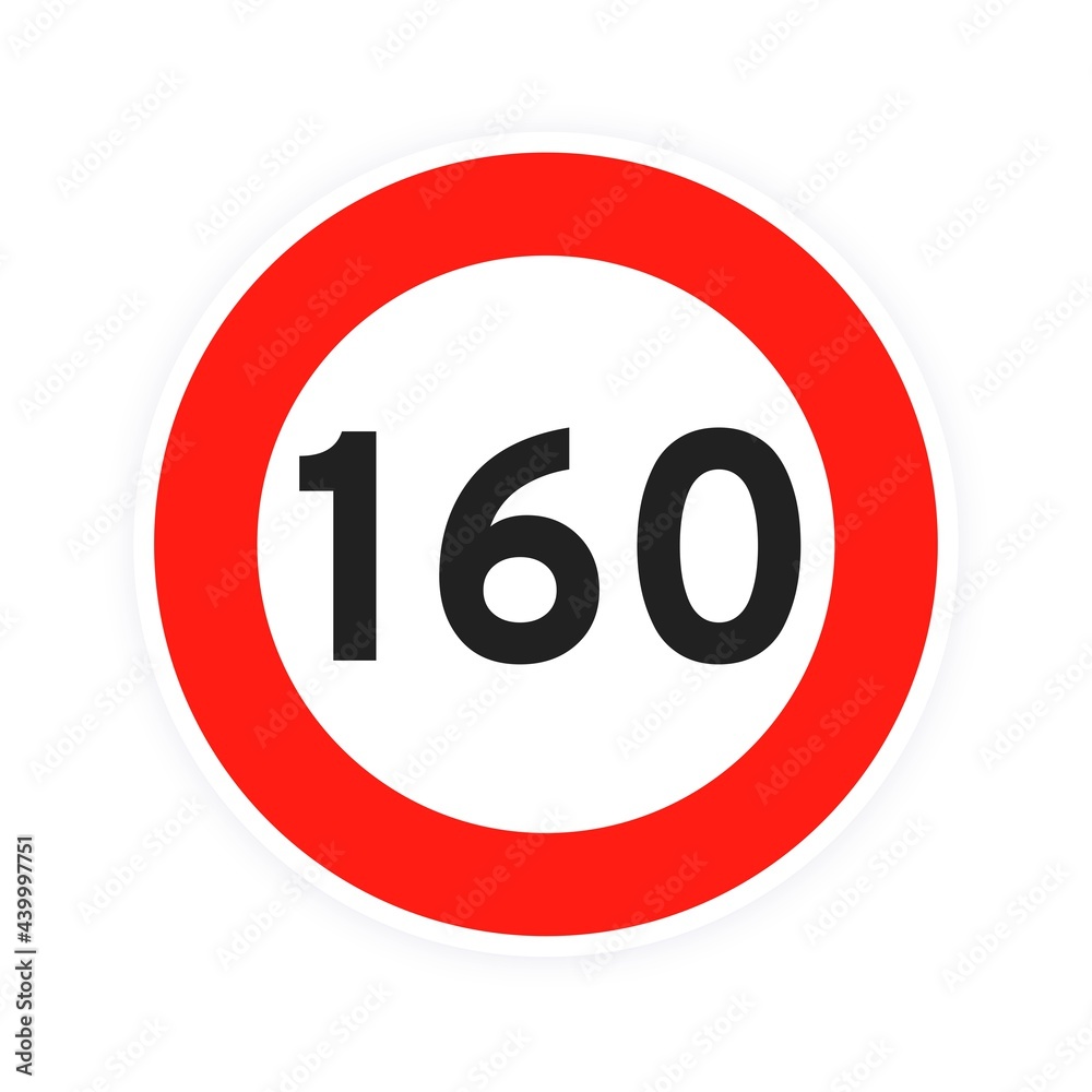 Speed limit 160 round road traffic icon sign flat style design vector illustration isolated on white background. Circle standard road sign with number 160 kmh. Speed limit 160 round road traffic icon sign flat style design vector illustration isolated on white background. Circle standard road sign with number 160 kmh.