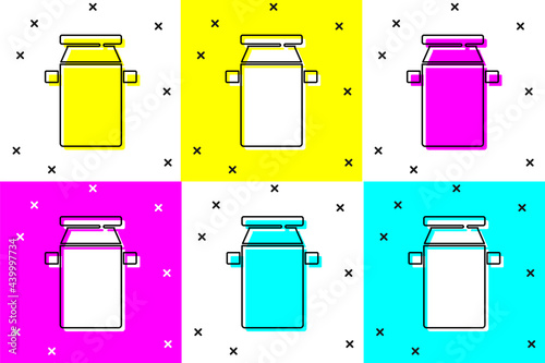 Set Can container for milk icon isolated on color background. Vector