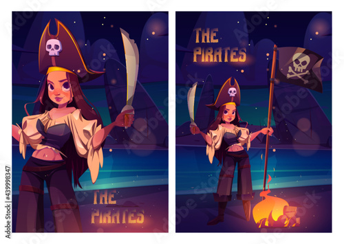 Pirates posters with girl holding sword and black flag with skull on sea beach at night. Vector flyers with cartoon sea landscape with island, bonfire and pretty woman in buccaneer costume