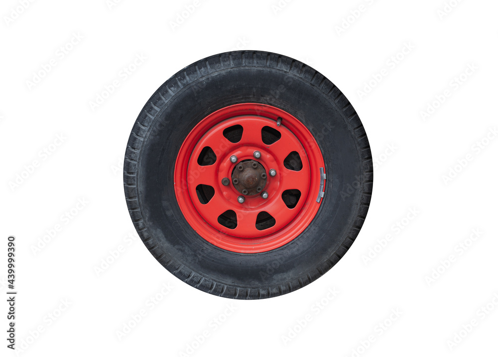 Car wheel on a red steel disc isolated on white