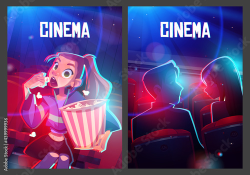 Cinema posters with audience in movie theater hall. Girl with popcorn and couple watching film. Vector flyers with cartoon illustration of people in cinema auditorium with red seats and projector