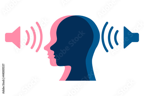 Sound pollution vector illustration. Sillhouette of a person surrounded by noisy loud speakers.