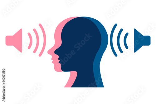 Sound pollution illustration. Sillhouette of a person surrounded by noisy loud speakers.