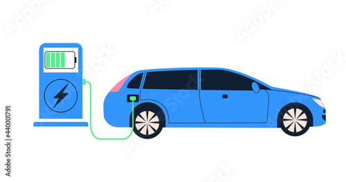 Electric hybrid car charging at a power station with a cable. Flat design illustration. Vector.