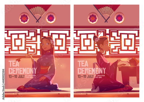 Tea ceremony posters with girl in kimono and traditional wooden furniture of chinese living room. Vector flyers with cartoon illustration of japanese geisha, teapot on table and red fan on wall