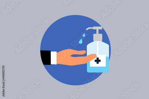 men's hand rubbing,medical hand gel sanitizer bottle on blue background,concept of washing hands to prevent viruses and germs in hot issue is coronavirus spreading all the world  