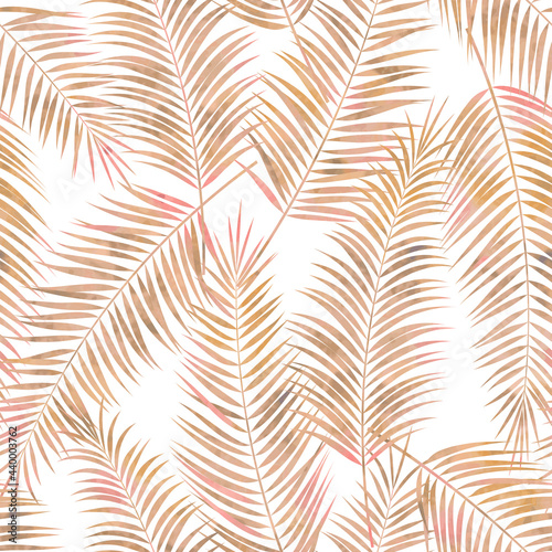 Tropical summer palm leaves print pattern. Muted boho colors. Subdued tropic, dried palm leaves. Vector watercolor seamless pattern.