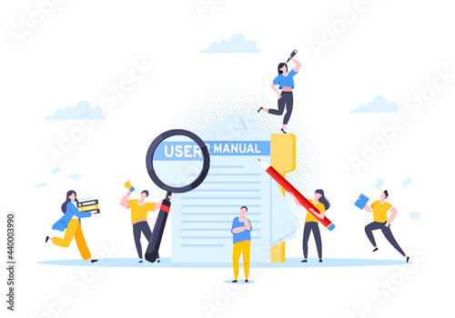 User manual guide book flat style design vector illustration. Tiny people and guidance manual instructions working together with guide book. Specifications user guidance document.