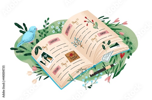 Cute personal diary. Open notebook with beautiful pages. Planner for spring with dates and notes. Notepad among grass and flowers. Flat graphic vector illustration isolated on white background