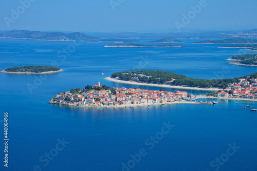 Areal view of of Mediterranean town on clear blue sea