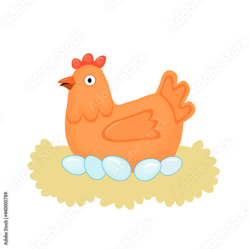 Cute happy hen sitting on her eggs in straw nest. Cartoon vector illustration isolated on white background. Can be used for farming, aviculture business.