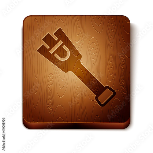 Brown Prosthesis leg icon isolated on white background. Futuristic concept of bionic leg, robotic mechanical leg. Wooden square button. Vector