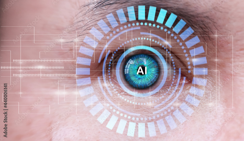 Human eye recognition face ID scanning process. Close up of eye man with digital interface. Human eye and high-tech concept, screening big data and digital transformation technology strategy