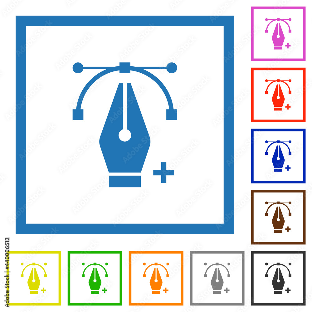 Adding editing point with pen tool flat framed icons Adding editing point with pen tool flat framed icons