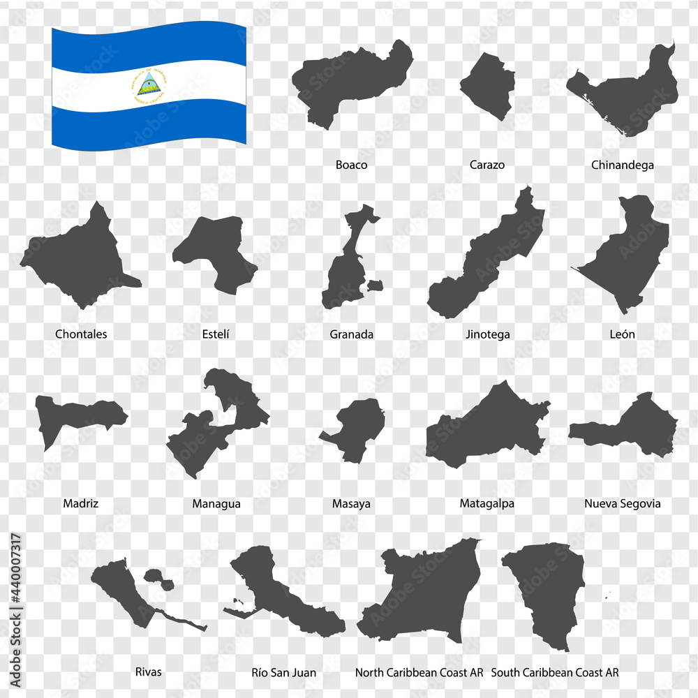 Fototapeta premium Seventeen Maps of Nicaragua - alphabetical order with name. Every single map of Departments are listed and isolated with wordings and titles. Republic of Nicaragua. EPS 10.