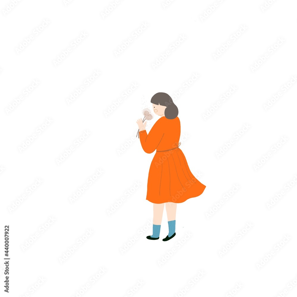 A girl in an orange dress with blue socks is smelling flowers on a white background A girl in an orange dress with blue socks is smelling flowers on a white background