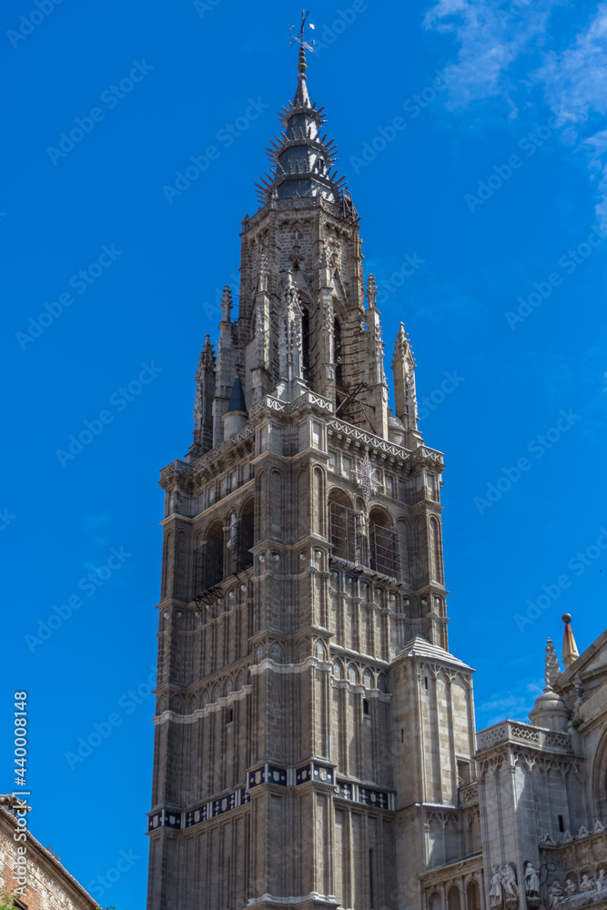 Detailed tower view at the gothic monument building Primate Cathedral of Saint Mary of Toledo