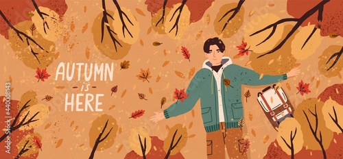 Autumn banner with relaxed man lying on ground with fall leaves. Autumnal background with young person resting in forest. Colored flat vector illustration of happy smiling guy enjoying nature