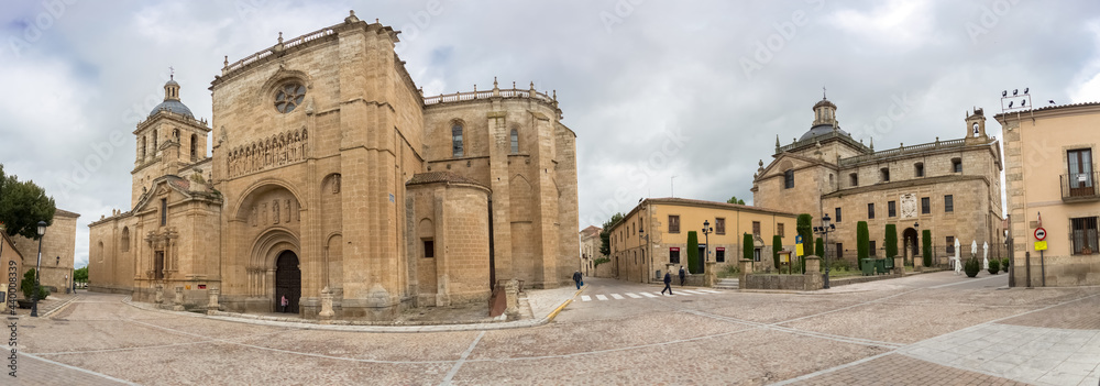 Panoramic view at the iconic spanish Romanesque architecture building at the Cuidad Rodrigo cathedral and Iglesia de Cerralbo, downtown city